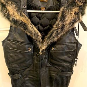 Leather fur trimmed vest with hood